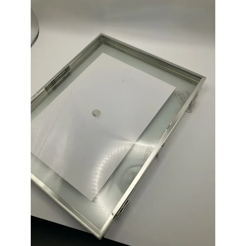 Silver Metal & Clear Glass Hinged Double Frame 4x6 Freestanding w/ 2 Prints